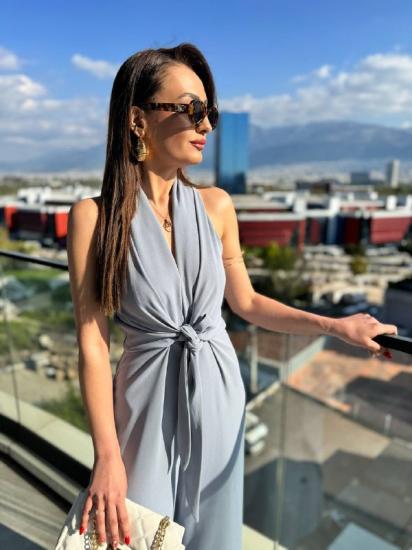 Tasarım Gri(Buz Mavi) Zara Krep Kumaş Bağlamalı Tulum