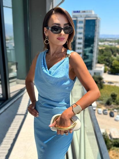 Mavi Degaje Yaka Zara Model Saten Elbise