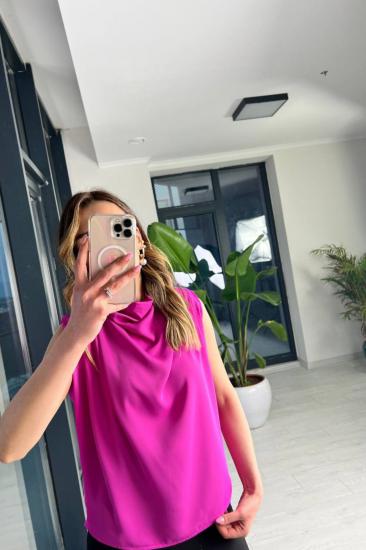 Mor Açık Pembe Dik Yaka Jessica Kumaş Vatkalı Bluz