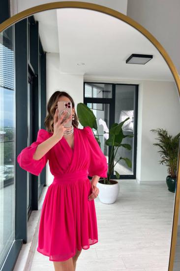 Fuşya (Şeker Pembe)  Tasarım Şifon Astarlı Mini Elbise