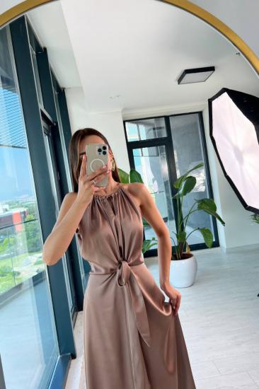 Tasarım Bronz Vizon İpek Saten Yırtmaç Detaylı Elbise