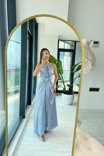 Tasarım Bebe Mavi İpek Saten Yırtmaç Detaylı Elbise