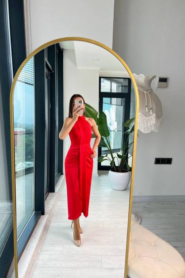 Tasarım Tok Saten Kırmızı Bağlamalı Elbise
