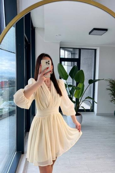 Kemik Rengi Tasarım Şifon Astarlı Mini Elbise