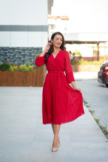 Kırmızı  Piliseli Astarlı Şifon Elbise