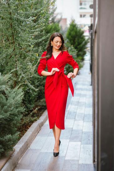 Kırmızı Bağlama Detaylı Crep Kalem Elbise