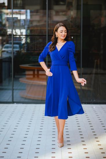 Saks Mavi Kruvaze  Kuşak Yırtmaç Detaylı Crep Elbise