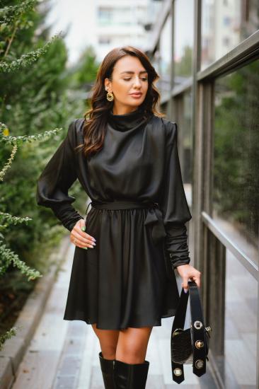 Siyah Tasarım Kol Detaylı Astarlı Mini Saten Elbise