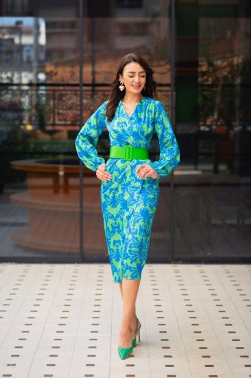 Tasarım Mavi Yeşil Kemerli  Pamuk Saten Elbise