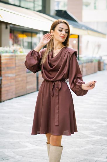 Kahverengi Degaje Yaka  Astarlı Saten Elbise