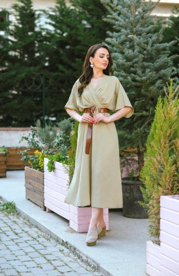Olive Yeşil Kemerli Standart Beden Keten Elbise
