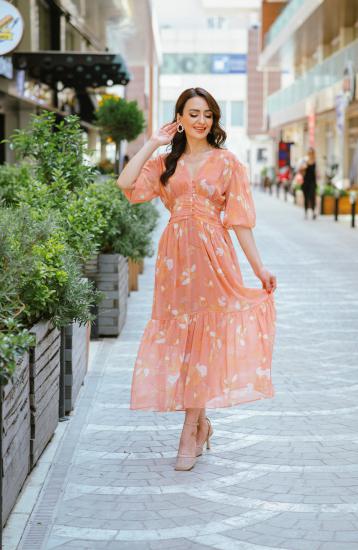 Şeftali Rengi Şifon Desenli Beli Korsajlı Elbise