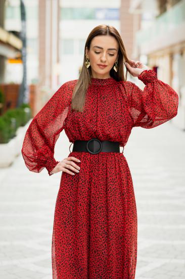 Kırmızı Siyah  Kemerli Şifon Elbise
