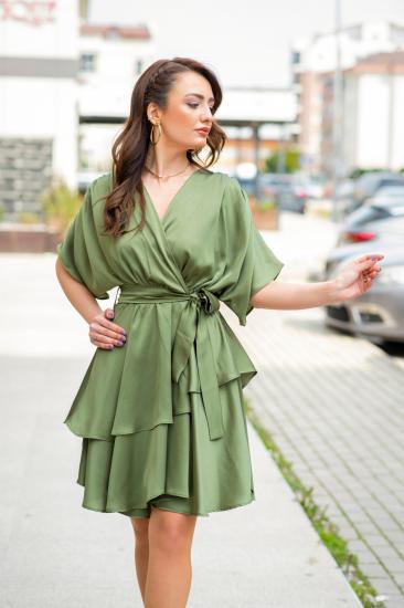 Haki Yeşil Yarasa Kol Pamuk Saten Elbise