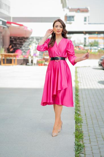 Pembe Kemerli Saten Kruvaze Elbise 