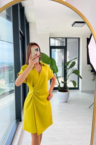 Olive Yağ Yeşili Gömlek Yaka Bel Detaylı Elbise