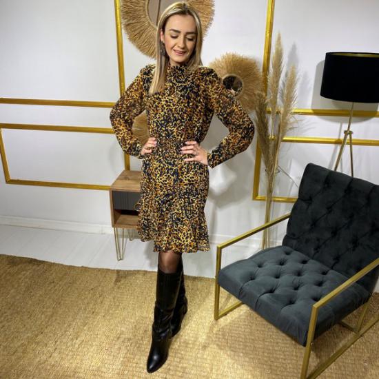 Şifon Vatkalı Leopar Desen Elbise