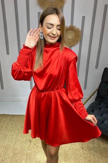Kırmızı Vatkalı Mini Saten Elbise