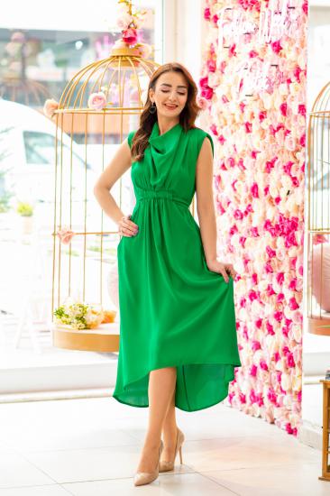 Yeşil Tasarım Cepli Saten Elbise