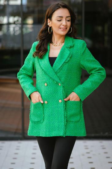Yeşil Tasarım Püsküllü Astarlı Tüvid Blazer Ceket