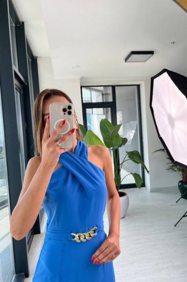 Mavi ipekli Crep Zincir Bel Detaylı Elbise