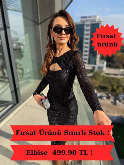 Siyah Yaka Detaylı Astarlı Zara Payet Elbise