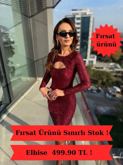 Bordo Yaka Detaylı Astarlı Zara Payet Elbise