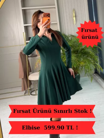 Zümrüt Yeşili Likralı Tok Krep Kumaş Çan Elbise