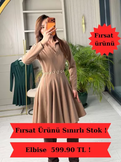 Vizon Likralı Tok Krep Kumaş Çan Elbise