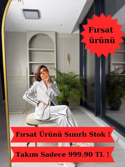 Gri Şerit Detaylı Astarlı Ceket Pantolon Lüks Kalite Takım