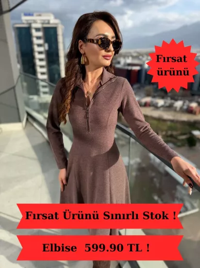 Kahverengi Fermuar Detay Çelik Örme Kumaş Çan Elbise