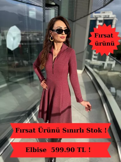 Bordo Fermuar Detay Çelik Örme Kumaş Çan Elbise