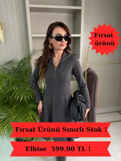 Antrasit Gri Fermuar Detay Çelik Örme Kumaş Çan Elbise