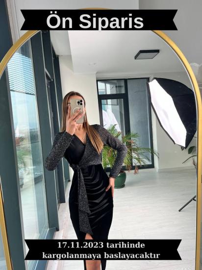 Tasarım Siyah Parıltı Detaylı Kadife Elbise