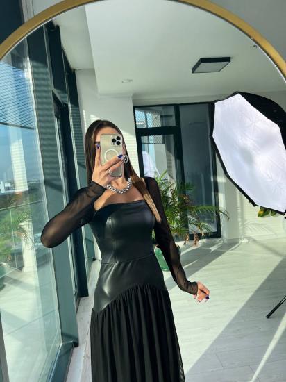 Tasarım Lüks Kalite Deri Detaylı Tül Elbise