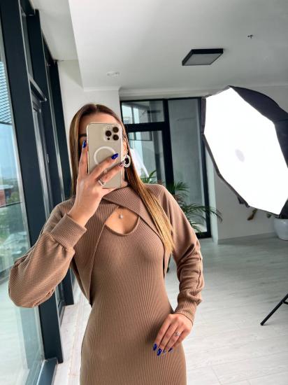 Kahverengi Fitilli Kumaş Bolero Detay Elbise