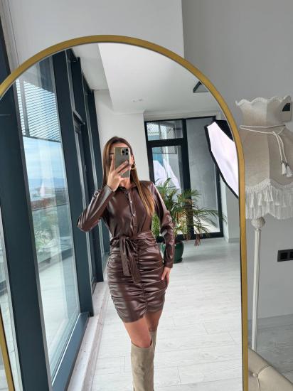 Koyu Kahve Drapeli Zara Model Deri Elbise