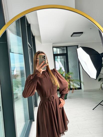 Kahverengi Astarlı Eteği Volanlı şifon Elbise