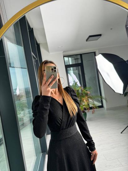 Siyah Parıltılı Kumaş Mini Astarlı Kloş Elbise