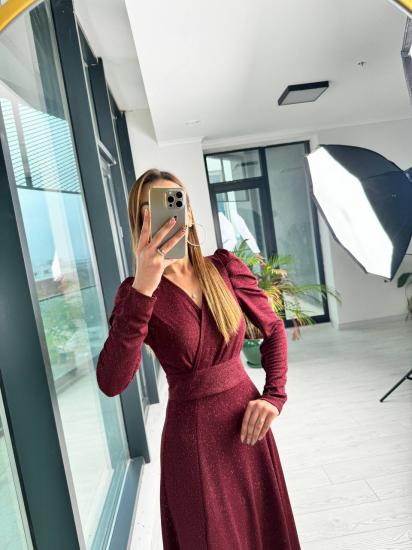 Bordo Parıltılı Kumaş Mini Astarlı Kloş Elbise