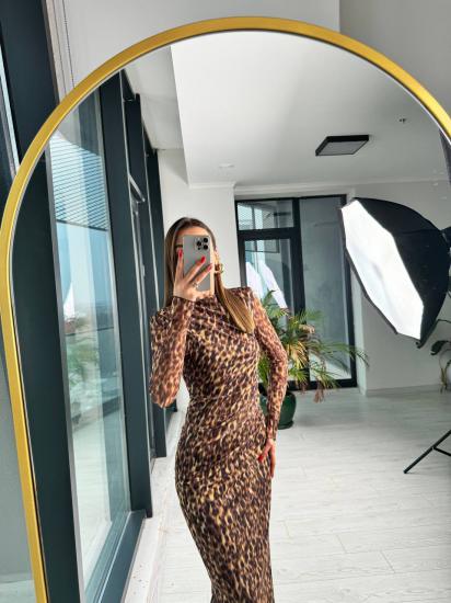 Tasarım Premium Tül Kumaş Omuz Vatkalı Astarlı Leopar Elbise