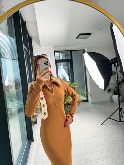 Camel Kürk Yaka Fitilli Çelik Kumaş Elbise