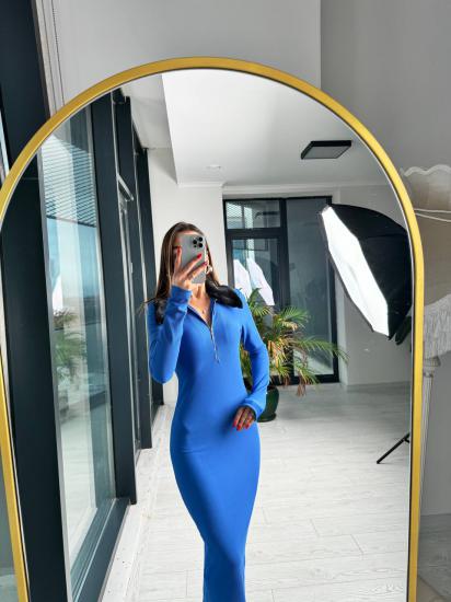 Saks Mavi Kürk Yaka Fitilli Çelik Kumaş Elbise