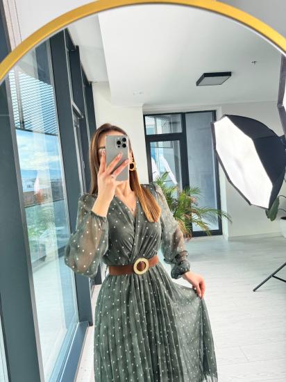 Yeşil Puantiye Desenli Kemerli Şifon Elbise