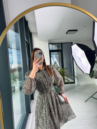 Yeşil Desenli Kemerli Şifon Astarlı Elbise