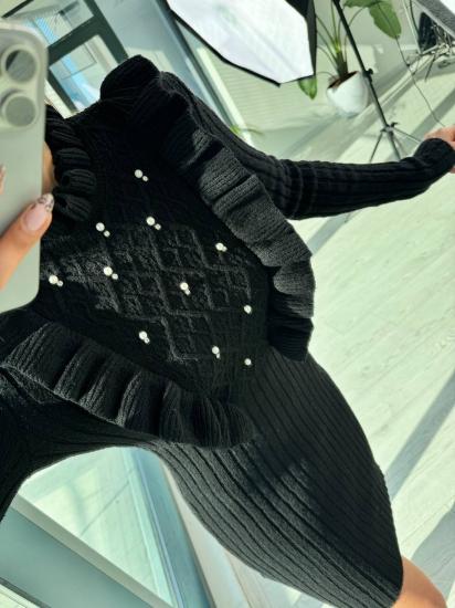 Siyah Önü İnci Ve Volan Detaylı Triko Elbise