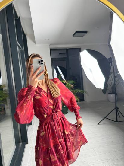 Kemerli Desenli Nova Astarlı Şifon Elbise