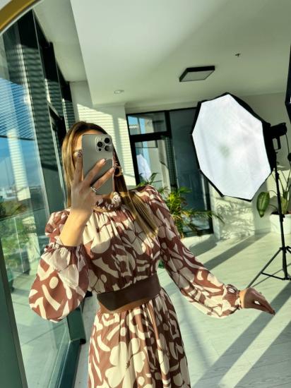 Kahverengi Desenli Deri Kemer Detaylı Astarlı Maxi şifon Elbise