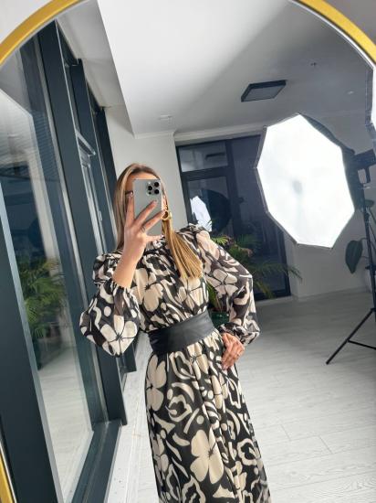 Siyah Desenli Deri Kemer Detaylı Astarlı Maxi şifon Elbise