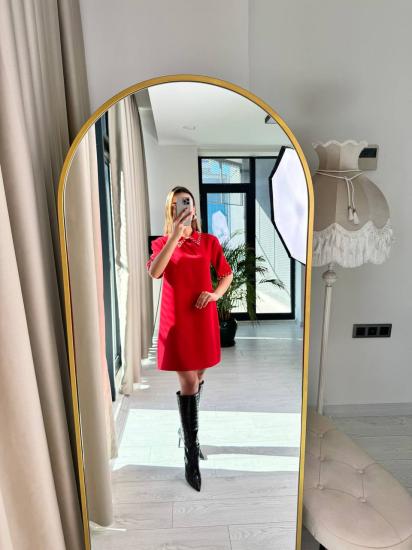 Kırmızı Taş Detaylı Tok Krep Kumaş Elbise